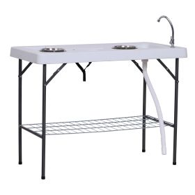 Outsunny Folding Fish Cleaning Table with Sink, Portable Camping Table with Faucet Drainage Hose, Grid Rack and Fish Cleaning Kit for Picnic, Fishing